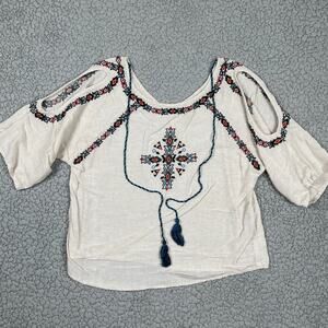 Roper Shirt Top Women's XL Embroidered Cold Shoulder Linen Tassel Peasant